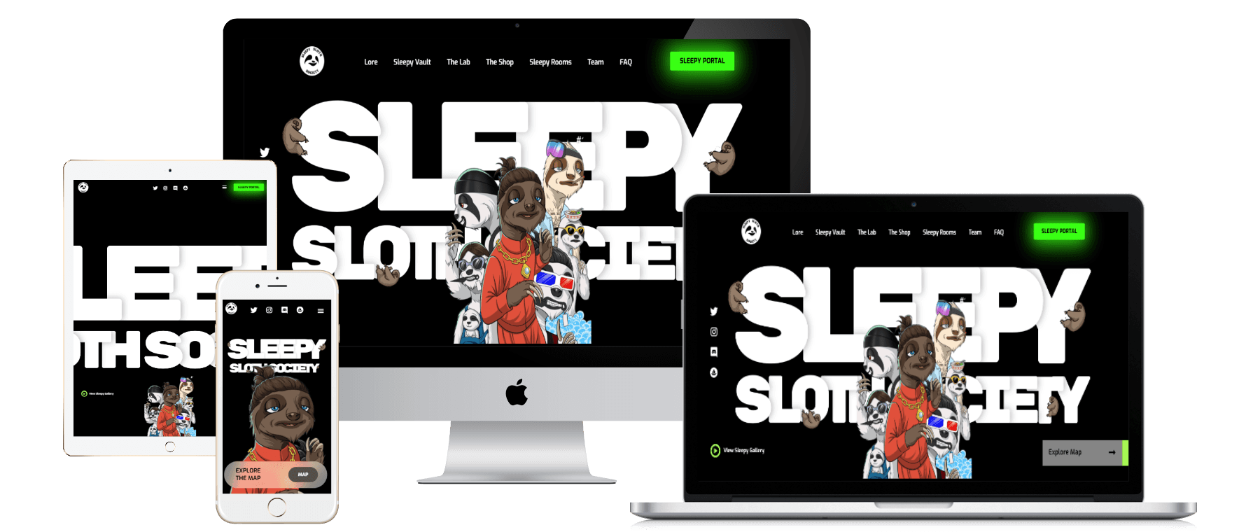 Sleepy Sloth Society website responsive mockups